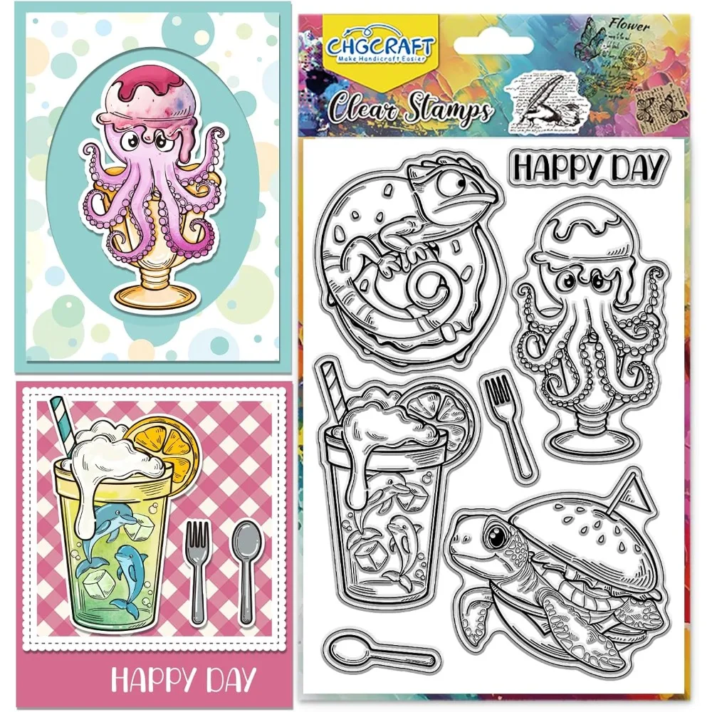 1 STÜCK Meerestier Lebensmittel Klare Stempel Schildkröten Transparente Stempel Oktopusse Klare Stempelsiegel für die Kartherstellung DIY