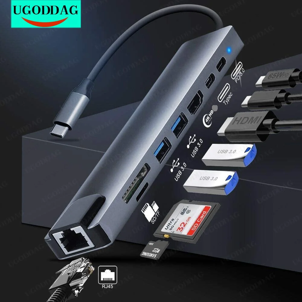 

8 In 1 USB C Hub Dock Station Type-C Splitter Adapter with PD Charge RJ45 Ethernet 4K HDMI-compatible TF/SD Card for Macbook Air