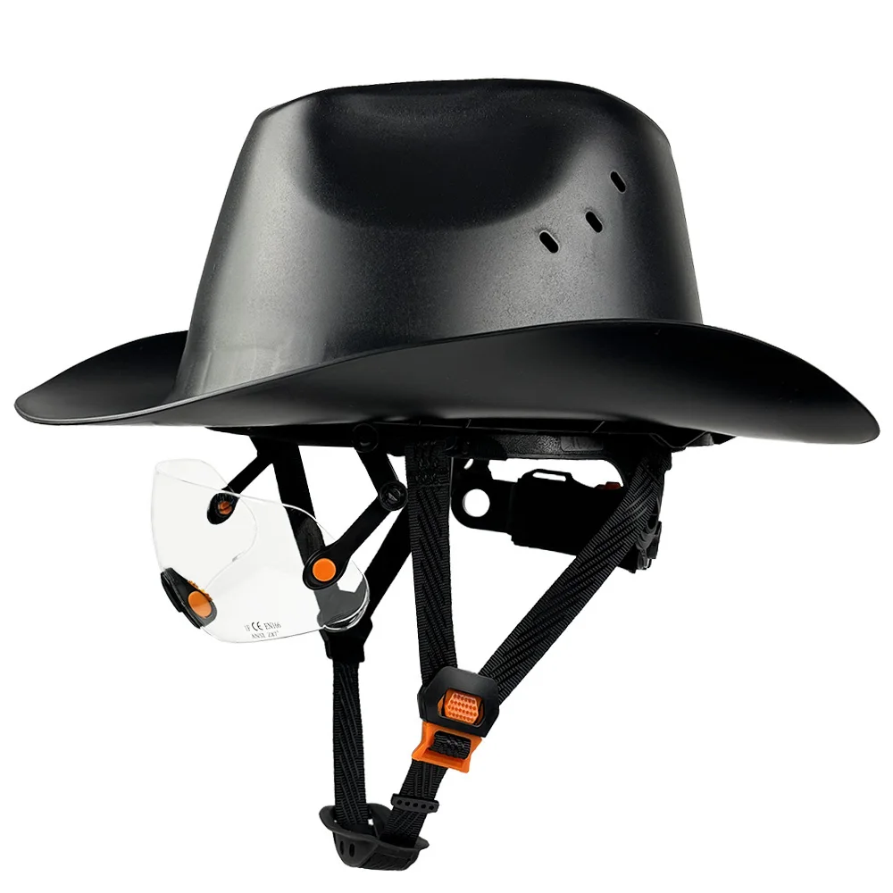 Cowboy Safety Helmet with Built-In Goggles HDPE Full Brim Hard Hat with Vent Hole for Construction Work Railway Rescue ANSI New