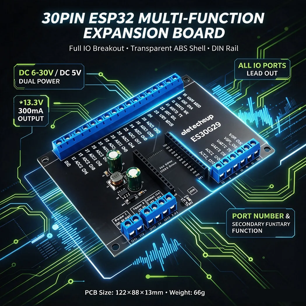 30PIN ESP32 Expansion Board Dual Power DC6-30V/5V All IO Ports Breakout Transparent ABS Shell DIN35 Rail Mount Terminal Module