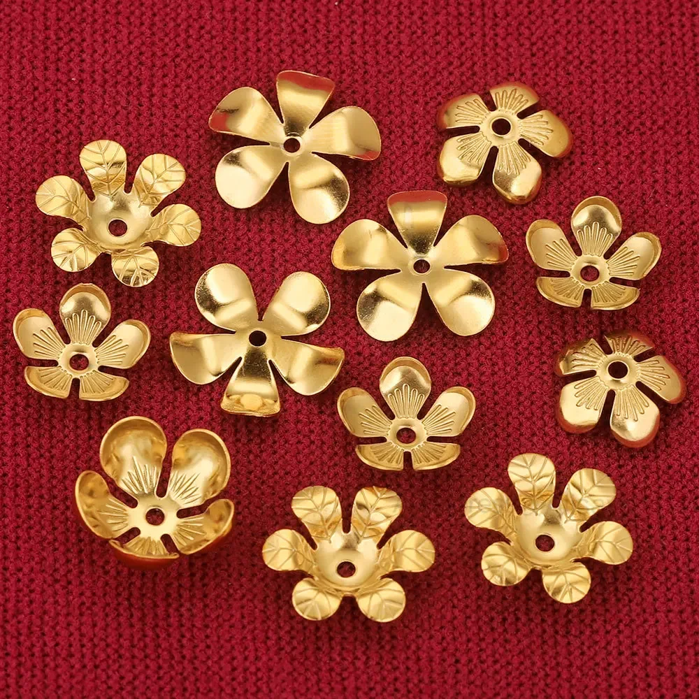 50pcs Stainless Steel Flower Spacer Gold Plated Round Beads Caps End Caps Tessal Needlework Jewelry Making Supplies Diy Findings