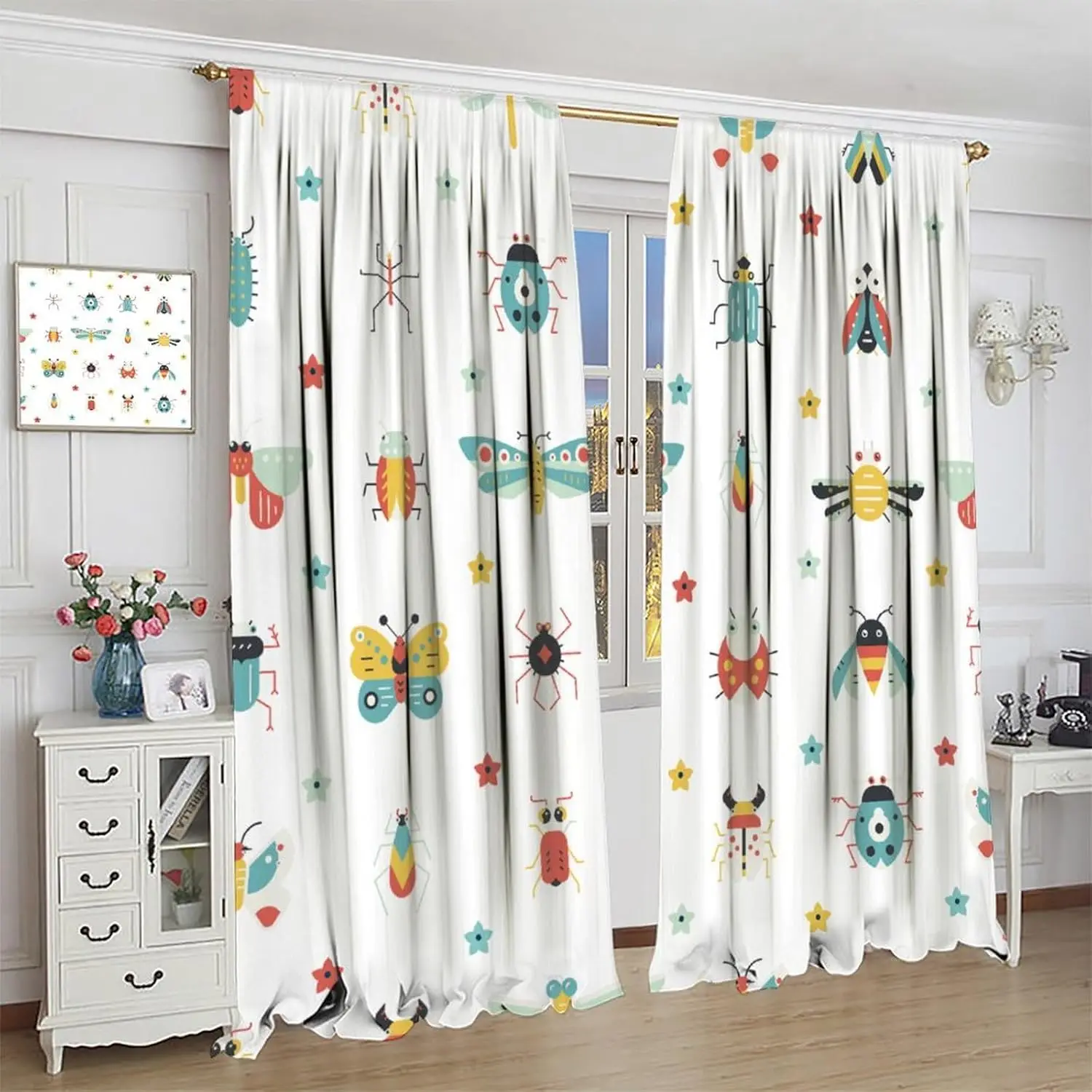 Insects Blackout Window Curtain, Continuous Pattern Colorful Various Bugs and Little Stars on Plain Backdrop for Home Kitchen