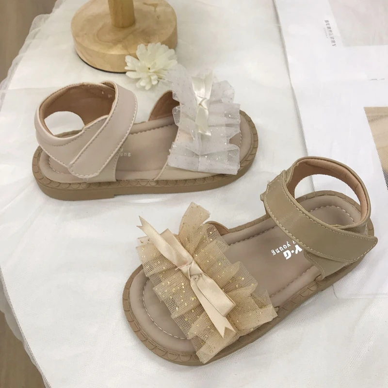 

High Quality Girls Sandals Cute Lace Pleated Princess Summer Dress Shoes Opened Toe Soft Rubber Beach Sandals For Children