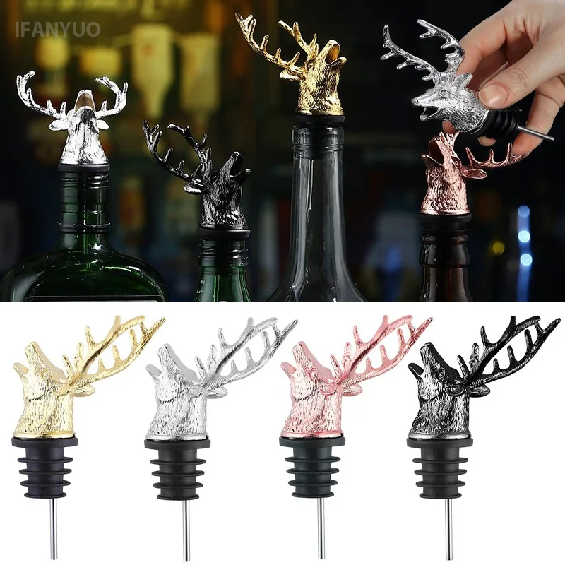 Zinc Alloy Deer Head Wine Pourer Bottle Spout Stopper 3D Stag Design Anti Spill Bar Tool for Whiskey Liquor Gift Party Decor
