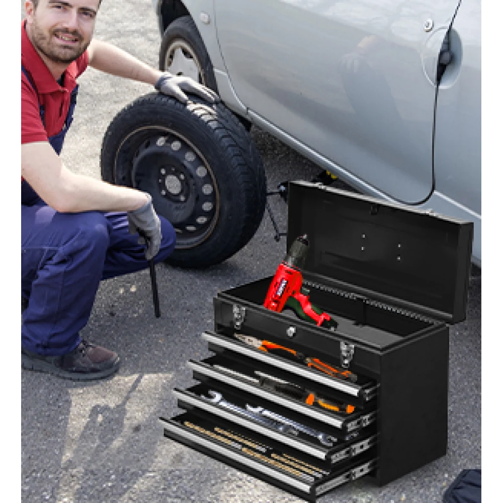 Boîte à outils en métal avec 4 tiroirs, coffre à outils Portable en acier avec serrure à cylindre en métal et fermeture à loquet, revêtement en poudre adapté