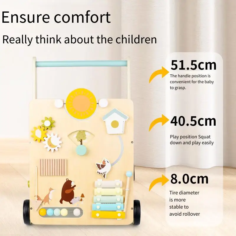 Wooden Baby Walker Push Toy Learning Walking Assistant First Steps Helper with Activity Blocks Natural Wood Toddler Walking