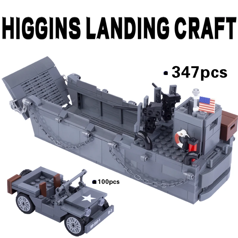 Military LCM3 Landing Craft Warship Model Building Blocks WW2 U.S Soldiers Army Vehicle Parts Mini Bricks Assembled Toys MOC Kid