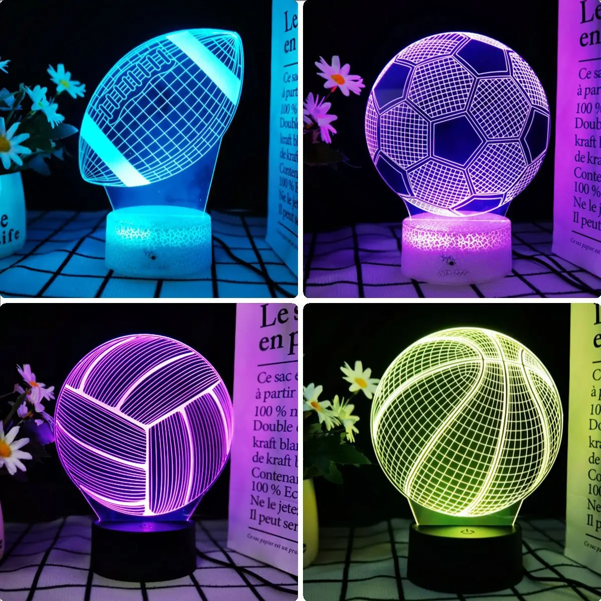 Basketball and Football Shaped Night Light 3D Illusion Light 7/16 Color Touch Adjustable USB Charging Decoration Birthday Gift