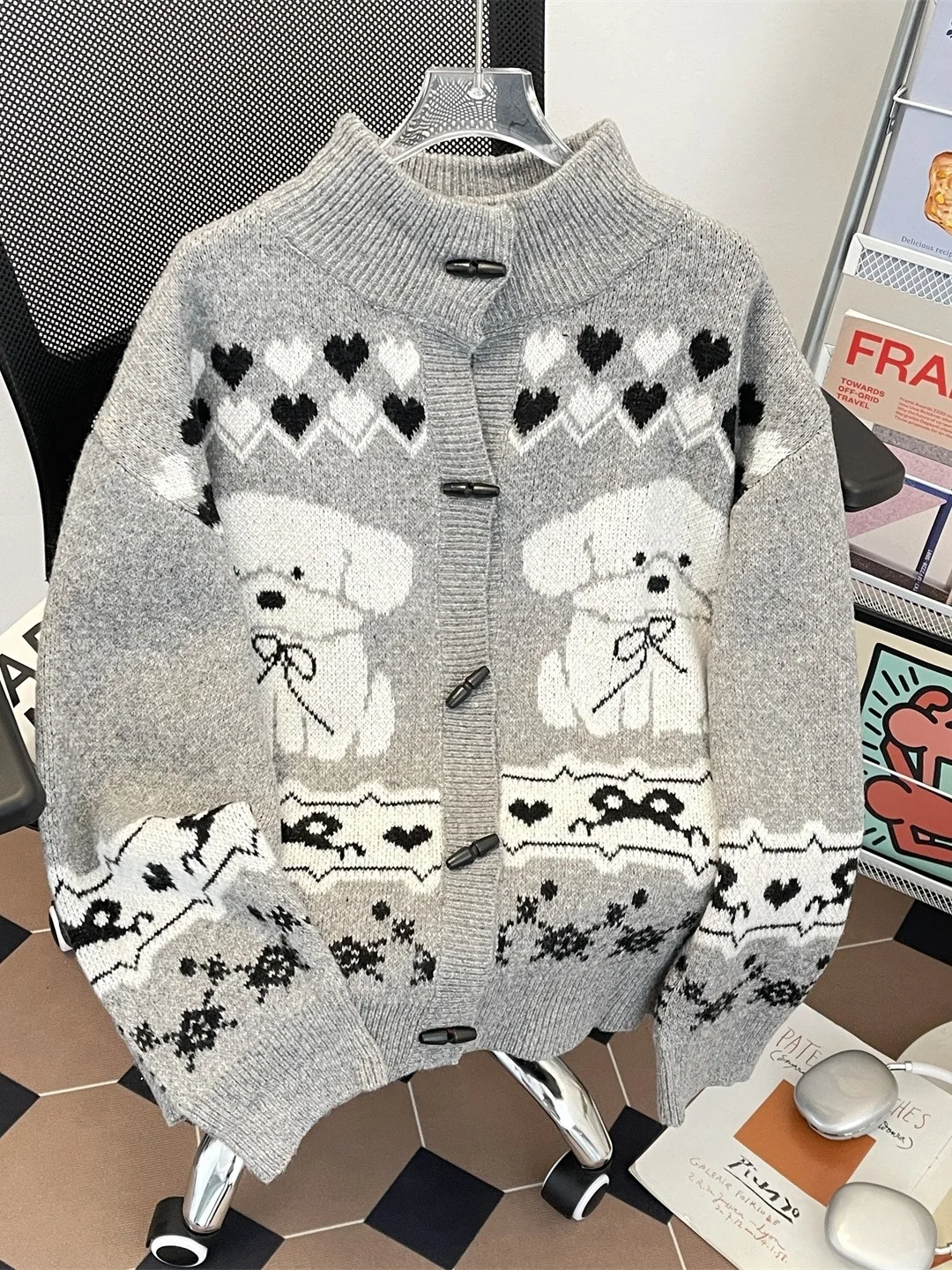 

American Retro Cartoon Fun Little Dog Knitted Sweater Soft Cute Winter New Sle Korean Sle Men Women Open Cardigan Coat