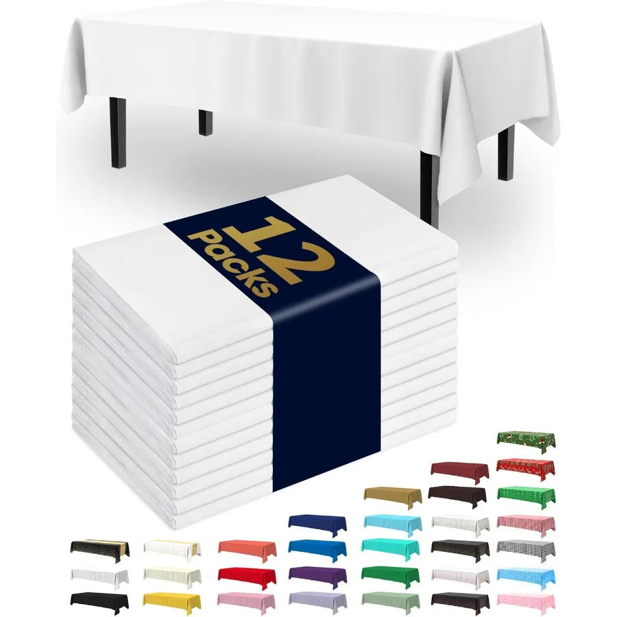 

Disposable Plastic Table Cloths 12 Pack 54 x 108 Inch Rectangle White Cover for Parties Picnics Weddings and Events Leakproof a