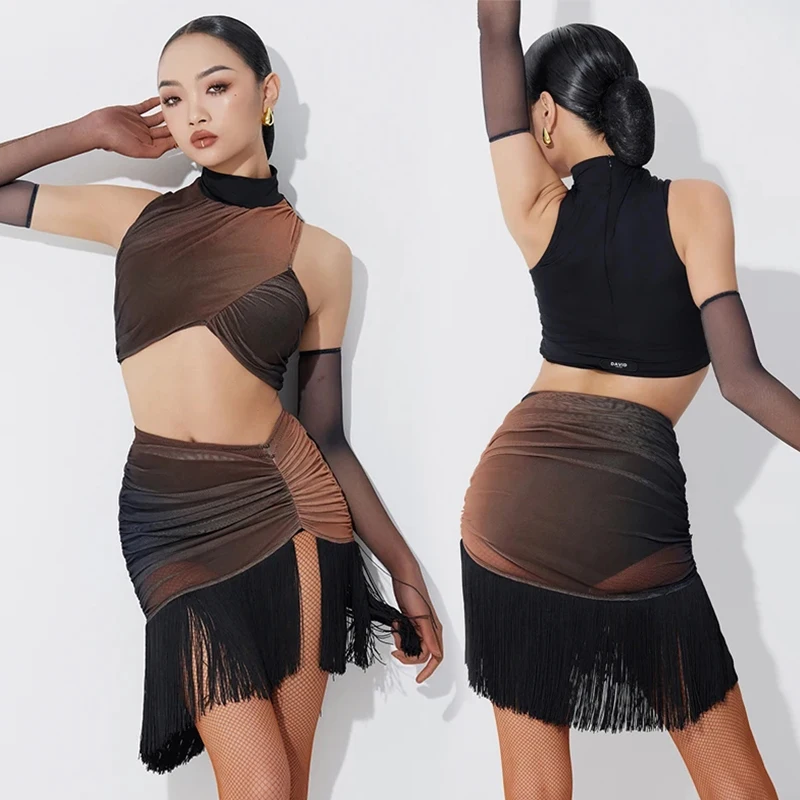 Vêtements de concours de danse latine haut de gamme pour femmes, haut à col haut dégradé, jupe à franges, costume Chacha Samba, vêtements de danse latine, 2025