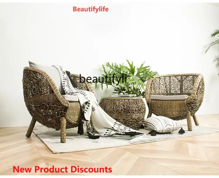 

Rattan Chair Three-Piece Set Balcony Leisure Area Layout Small Tea Table Combination Household Outdoor Courtyard Backrest
