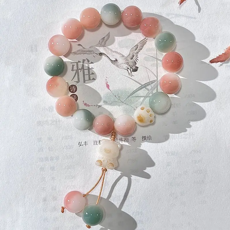 Authentic Chinese-style lion dance bracelet for women, soft and smooth to the touch, with white jade bodhi root beads