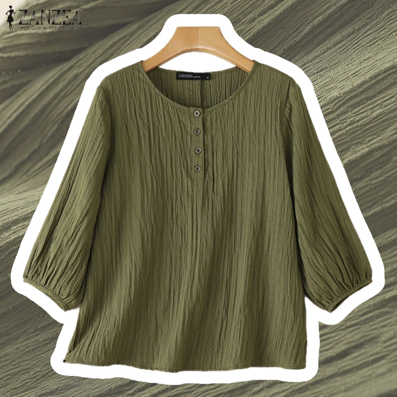 

Женские блузки ZANZEA с жатой текстурой, повседневные пуловеры с полуоткрытой планкой на пуговицах, круглым вырезом и рукавами 3/4, летние топы для повседневной носки, Blusas de Mujer