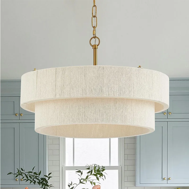 Woven Hemp Rope Pendant Light Boho Drum Pendant Lamp Adjustable Height Chandelier Hotel Kitchen Island Dining Living Room