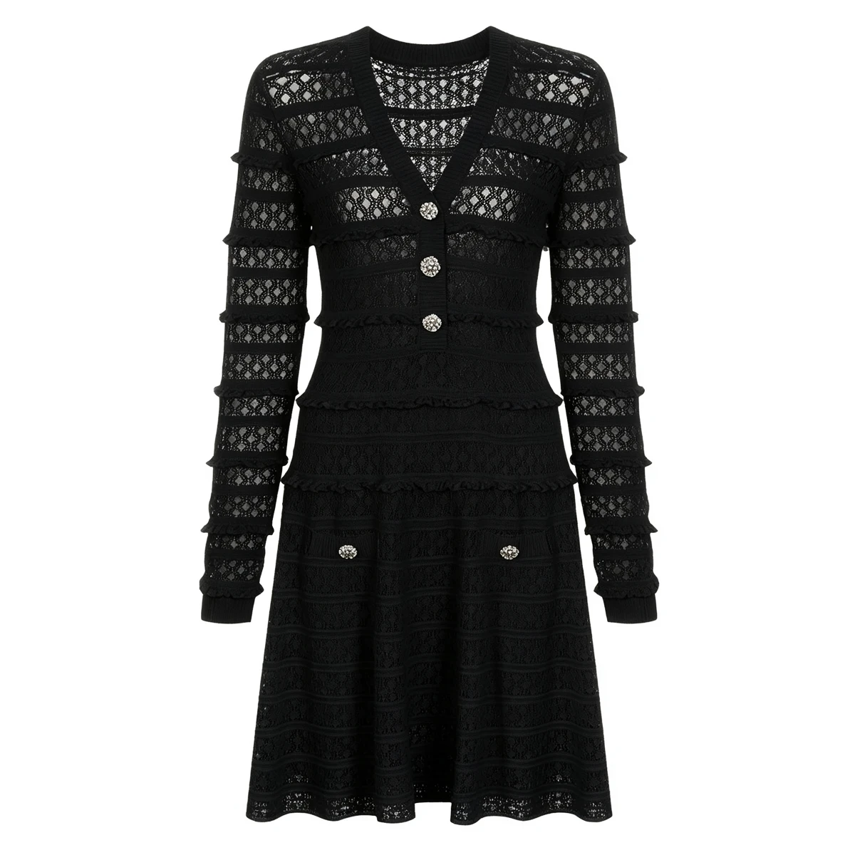 26221 Neues Hochwertiges Damenkleid mit V-Ausschnitt, Langen Ärmeln, Schmeichelhafter Passform, Spitzenstrick und Perlenschnalle - Tägliches Mode-Outfit für Frauen