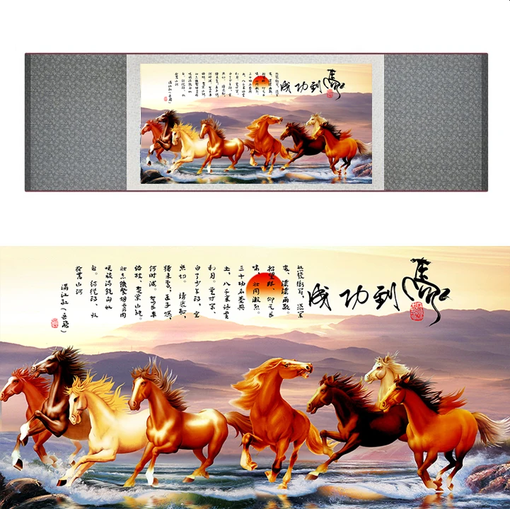 top quality Chinese Horse silk painting  Horse art painting Silk scroll art painting eight horse painting2019062801