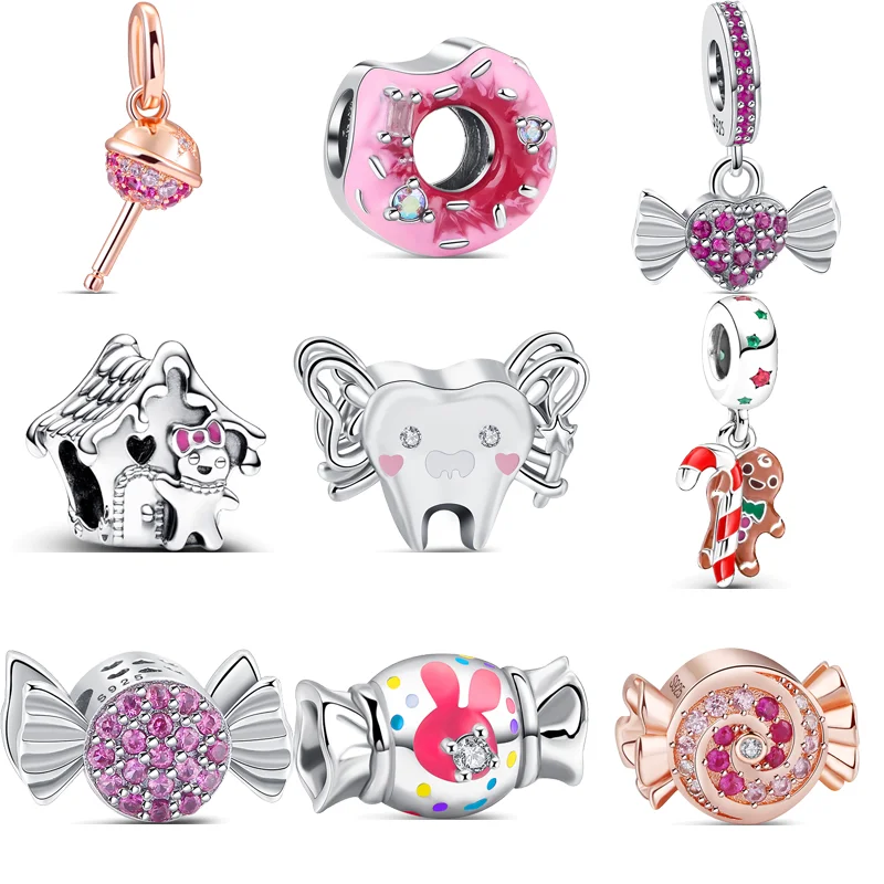 New 925 Silver Pink Candy Lollipop Donuts Dessert Birthday Cake Sweet Life DIY Beads Fit Original Pandora Charm Bracelet Jewelry