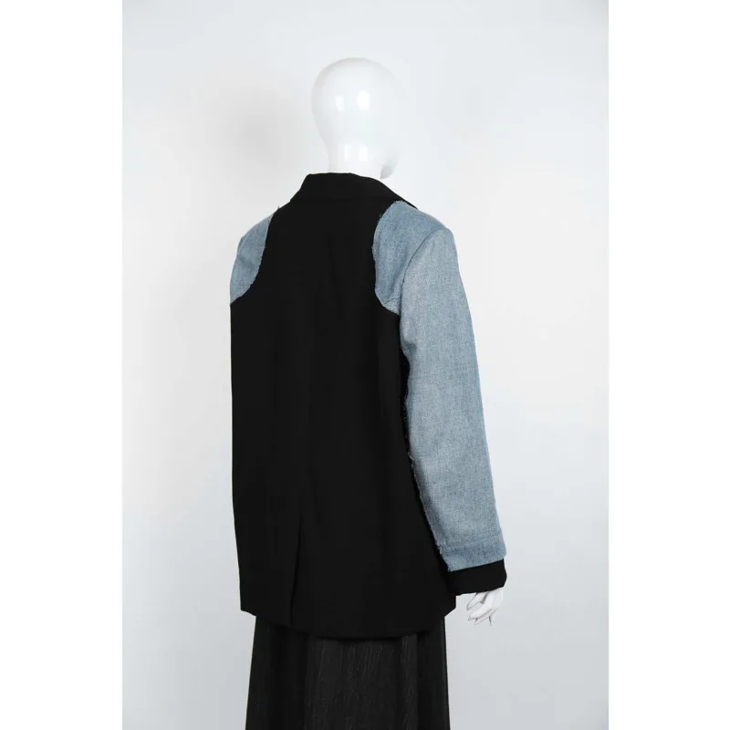 KWTX 2025, Frühling, Sommer, Damen-Kontrast-Blazer, Schwarz, Blau, zwei Knöpfe, Kerbe, Revers, hinten, Schlitz am Saum, Premium-Büro-Freizeitjacke