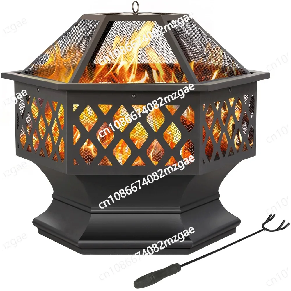 

24-Inch Hexagonal Fire Pit Bowl with Spark Screen, Outdoor Camping and Garden Heating Equipment with Safety Cover