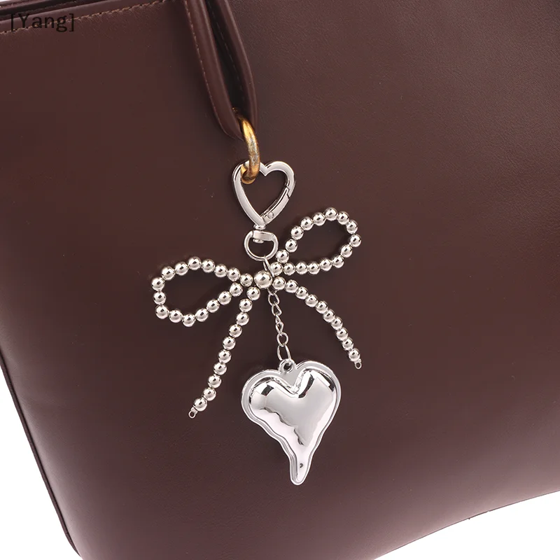 1 Piece Women Sweet Charm Pearl Bow Backpack Key Ring Bowknot Heart Keychain Handmade Jewelry Ornament Bags Pendants Gifts