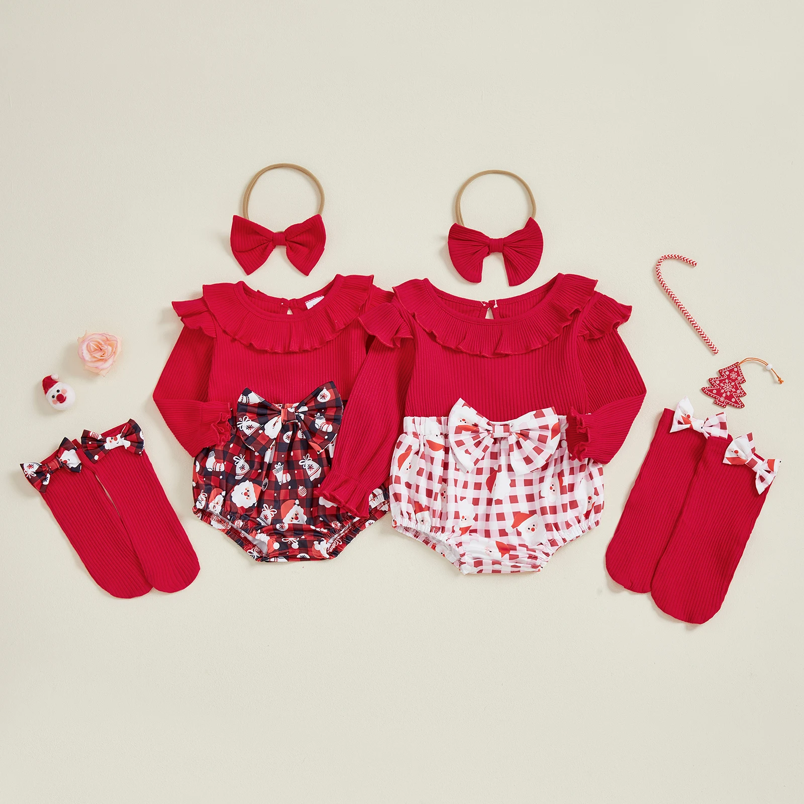 

Tregren Рождественский наряд для новорожденных девочек 0-18 месяцев, клетчатый комбинезон с длинными рукавами и рюшами, повязка на голову с бантом, комплекты длинных носков