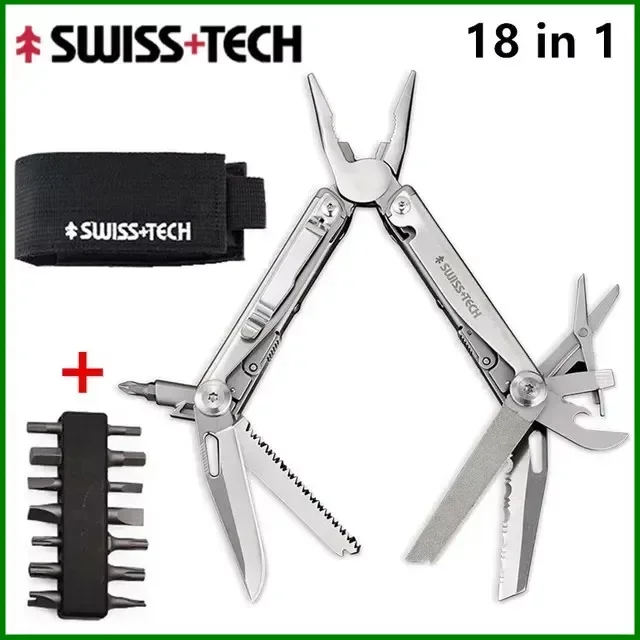 SWISS TECH 18-in-1 Multitool Tangen Opvouwbaar Multifunctioneel Combinatiegereedschap Zakmes Draagbaar EDC Buitenuitrusting