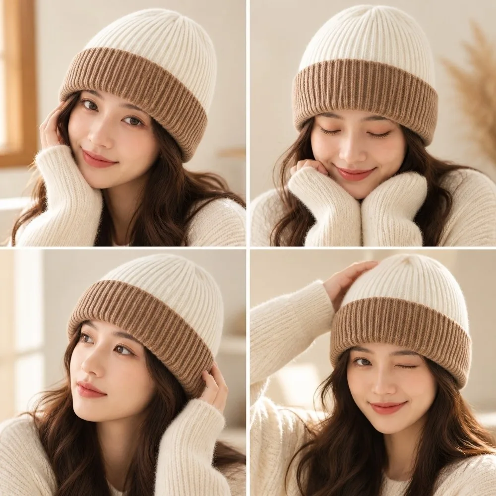 Fashion Splicing Colors Knitted Beanies Cap Thickened Warm Hooded Hat Breathable Cashmere Ski Beanies Hat Winter Season