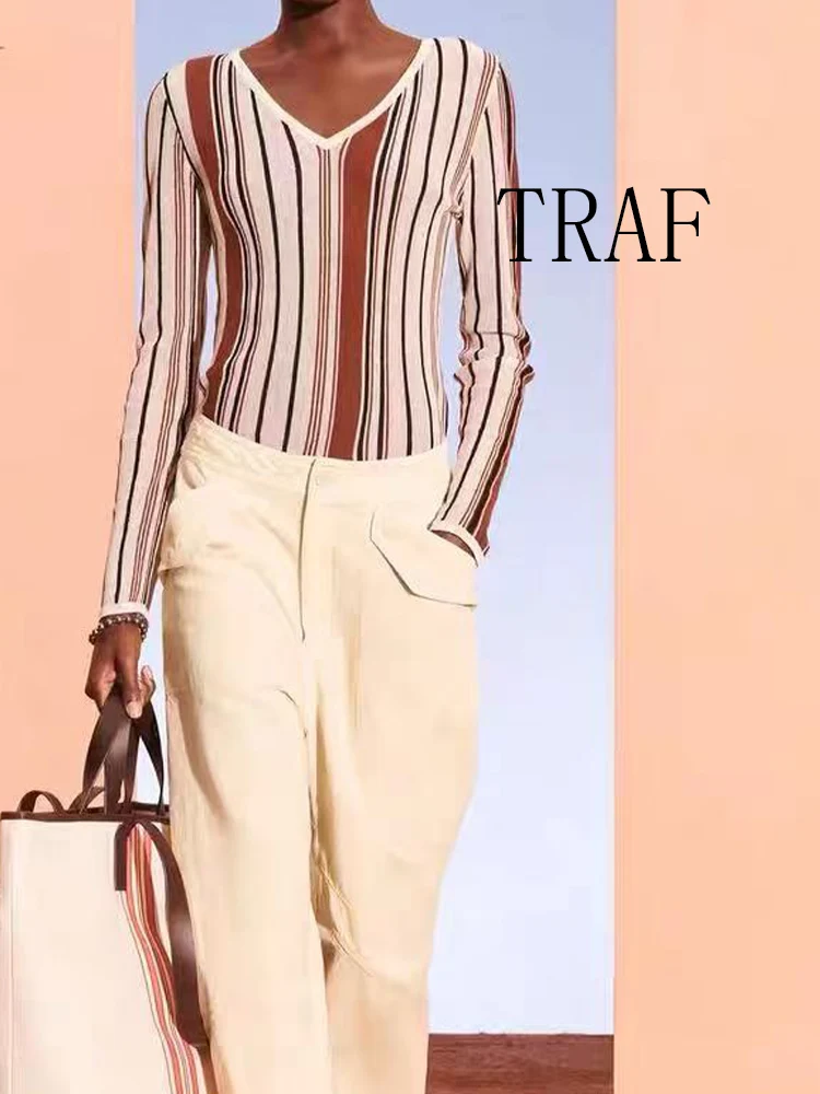 

TRAF European and American style autumn new fashion women's casual temperament simple linen blend V-neck long-sleeved sweater