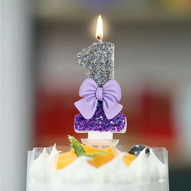 Purple Bow Children's Birthday Candles 0-9 Number Birthday Candles for Girls 1 Year Cake Topper Decoration Candles Home Decor