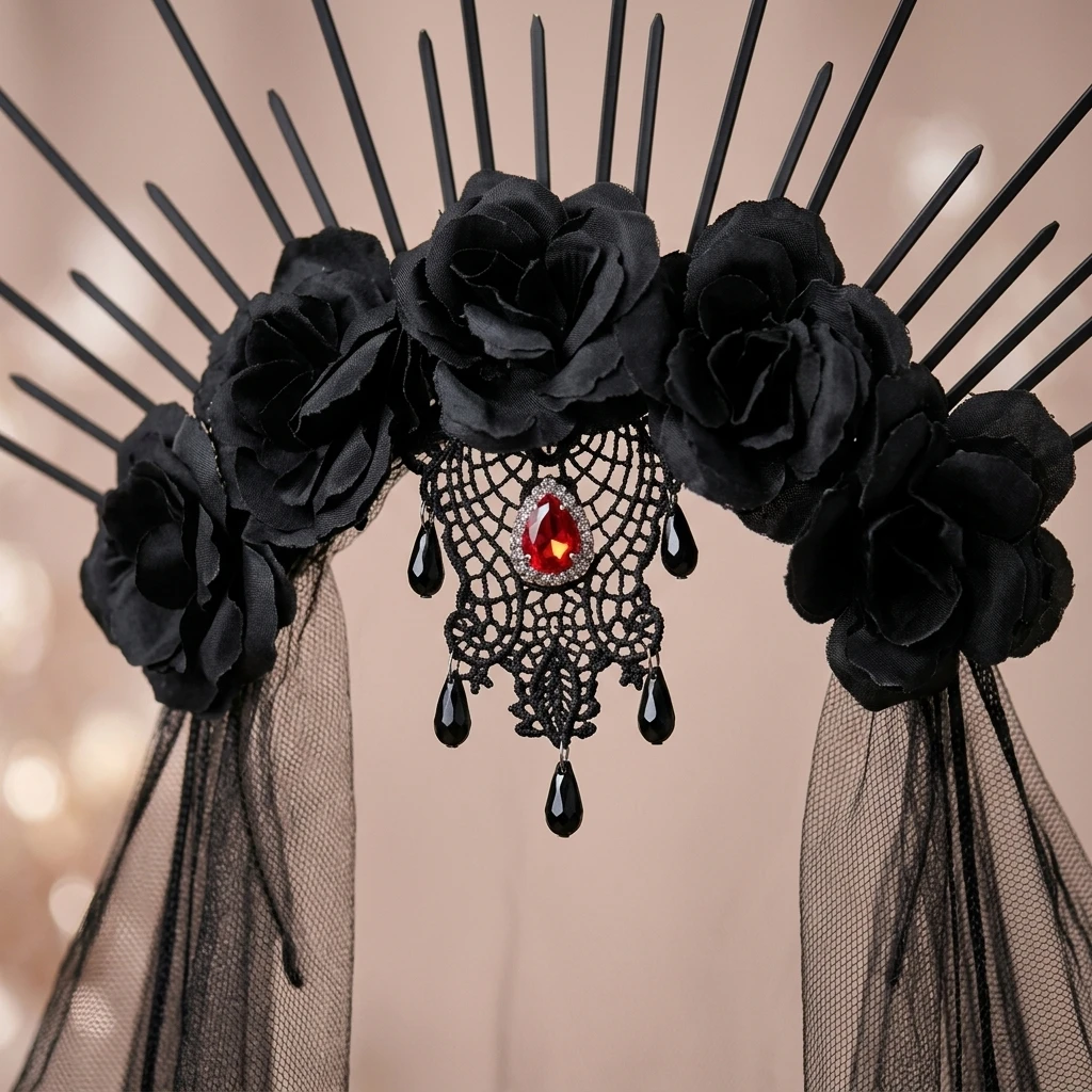 Gotische Rosenkrone mit schwarzen Stacheln, Tiara, Schleier, Halloween-Kostüm, Haardekoration, Dunkle Königin, Cosplay, Maskerade-Party für Frauen, Erwachsene, Abschlussball – Detail 2