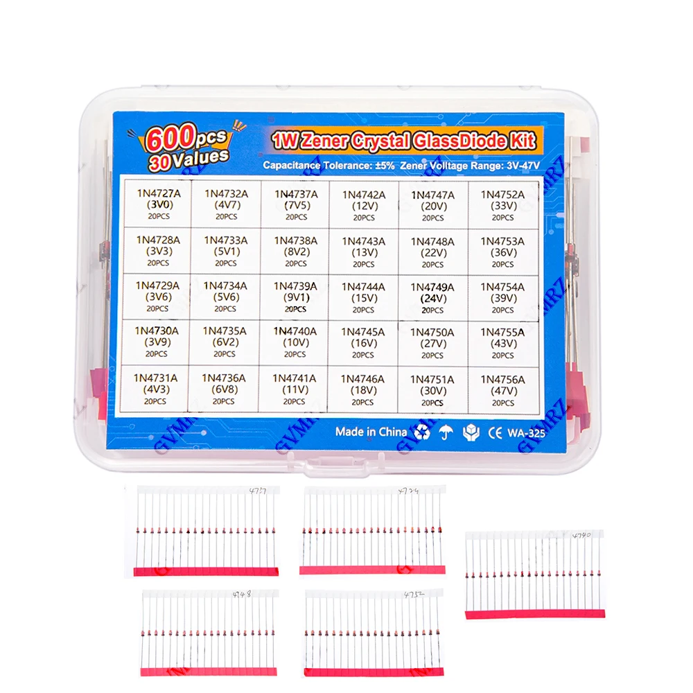 600PCS 30Values 1W Zener Diode Kit 3V-47V Box for Electronics Voltage Regulation Projects 3V 6V 9V 47V