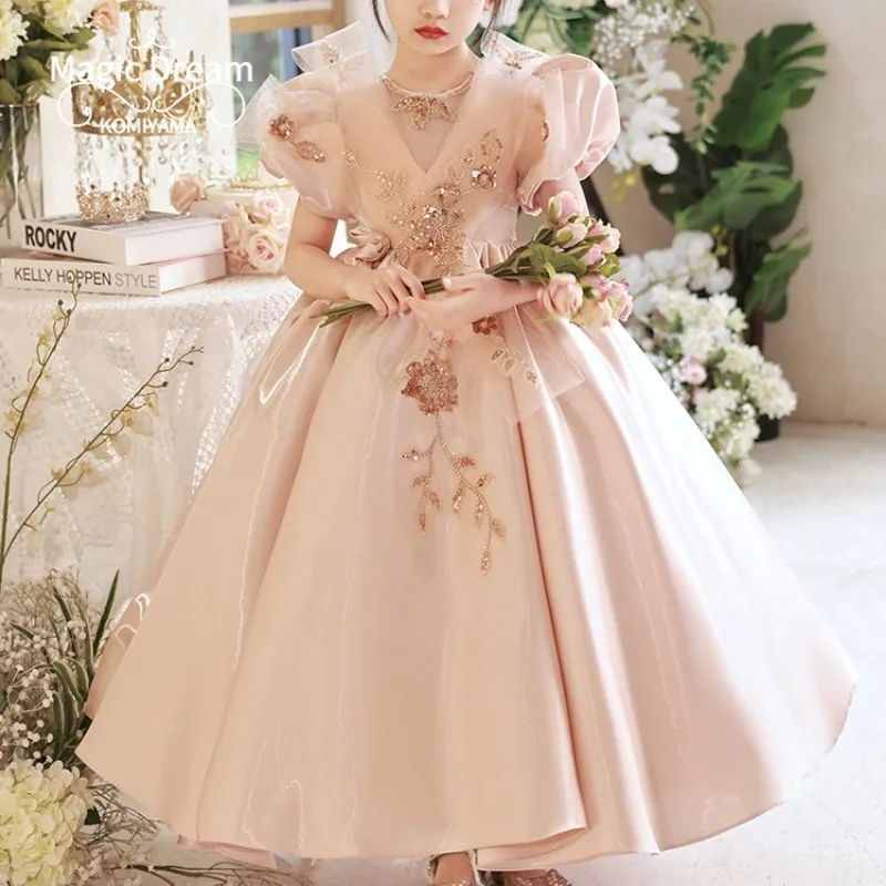 Customized Appliqué O-neck Puff Sleeve Kids Birthday Party Vestidos Slim Waist Pleated Flower Girls Dress Elegant Sweet Princess