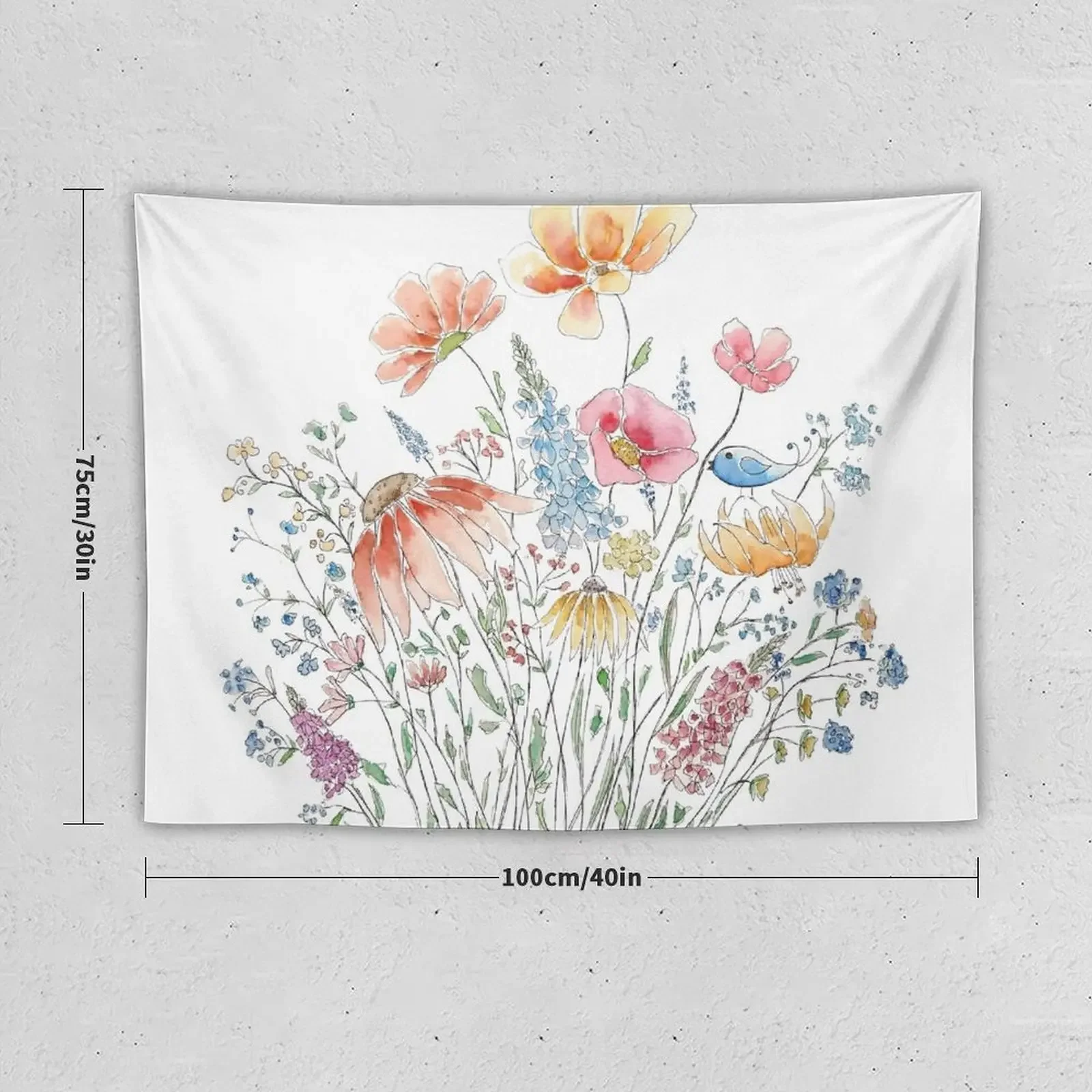 wild flower bouquet and blue bird-line and watercolor 2 Tapestry Wall Mural Custom Tapestry