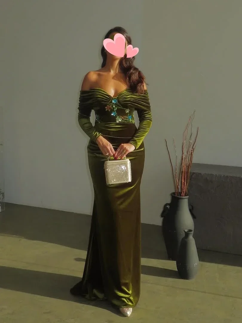 

Arabia Embroidered Velvet Olive Green Evening Dresses Off-Shoulder Ruched Mermaid Dress For Opulent Event Prom Dresses