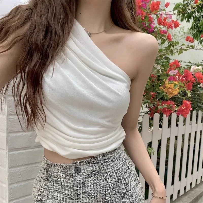 

Summer Female T-shirts Solid Color T-shirts Girls Chic White Ruched Short Tops Lady Sexy Off Shoulder Beach Vacation Clothes