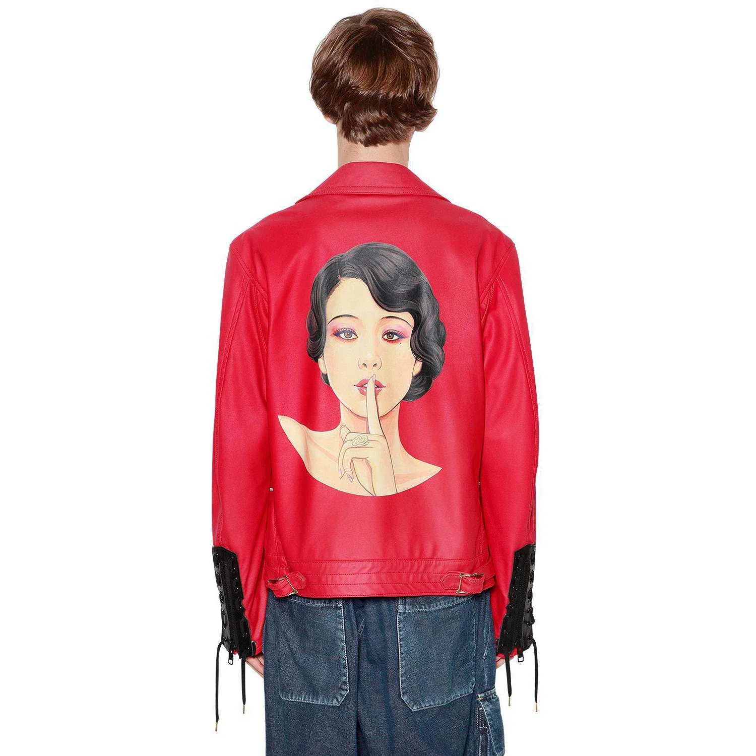 

YOJI OOAK LEATHER BIKER JACKET Showa Beauty Красная кожаная куртка из телячьей кожи с принтом