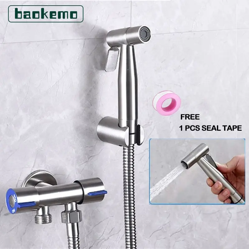 BAOKEMO Bathroom Toilet Bidet Sprayer Set 304 Stainless Steel Two Way Faucet With 1.5M Flexible Hose Bathroom Shower Head Set