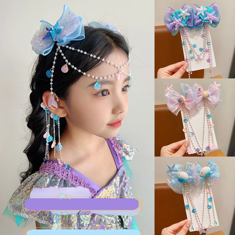 Princess Tassel Dance Hair Clip Children Performance Mermaid Forehead Chain Headdress Sweet Seashell Ear Hanging Hair Clip