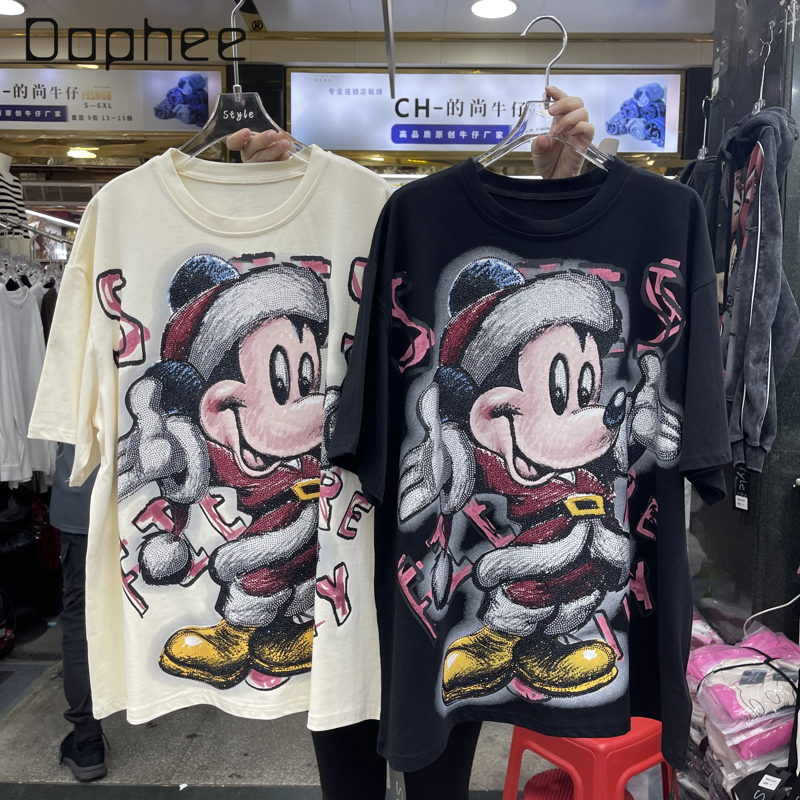 

European Style Heavy Craft Printed Sequin Trendy Brand Cartoon Versatile Short Sleeve Top Autumn Fashion Oversized T-Shirt