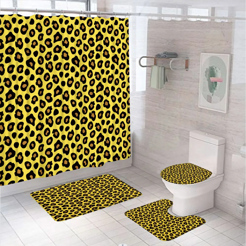 Leopard Print Shower Curtain Set Non-Slip Rug Toilet Cover Bath Mat Cheetah Wild Safari Skin Animal Fur Bathroom Decor Curtains