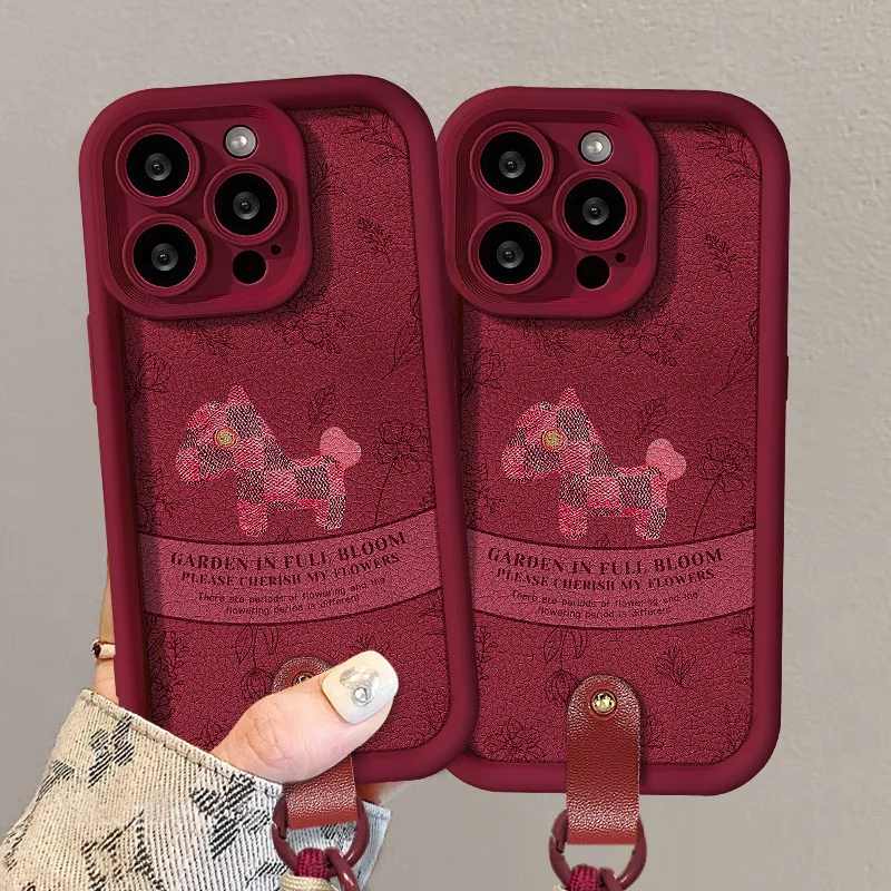 حبل معلق على شكل حصان زهور مناسب لحافظة هاتف آبل 17 للعام الجديد 16 برو جلد الغنم 15 سيليكون 14 مضاد للسقوط 12/11