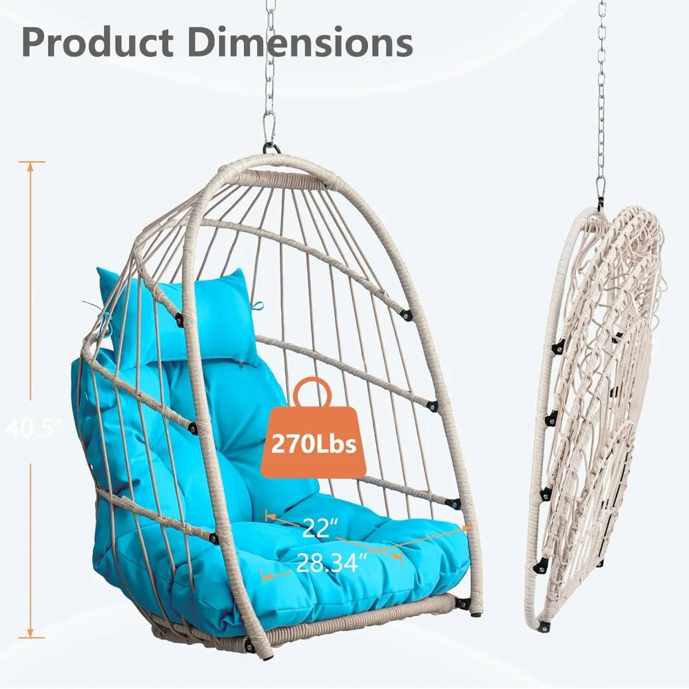 كرسي أرجوحة على شكل بيضة خارجي قابل للطي مع إطار من الروطان عالي الدقة وإطار من الألومنيوم، وسادة محمية من الأشعة فوق البنفسجية، بدون حامل متضمن