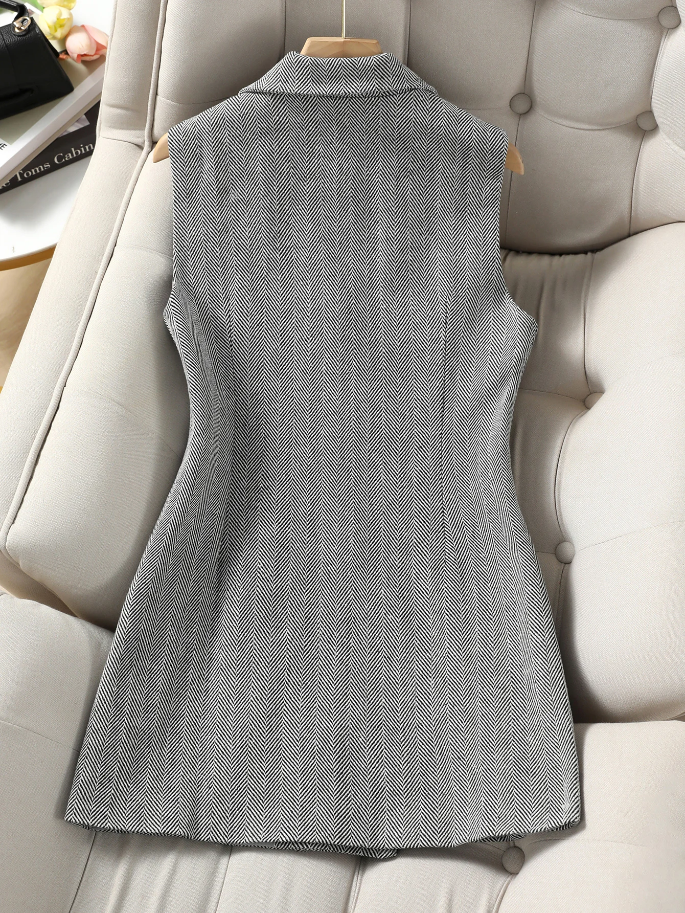 Vintage Women's Herringbone Double-Breasted Blazer Vest, Sleeveless Notched Lapel Long Waistcoat, Elegant Office Work Suit Vest