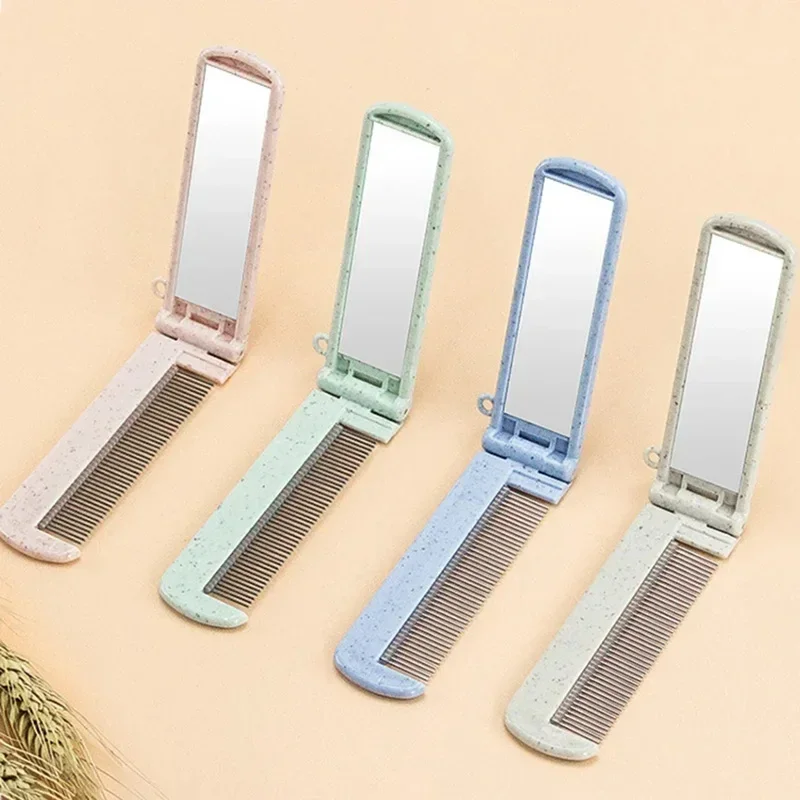 1pc dos desenhos animados portátil dobrável pente com espelho, mini bonito cabeleireiro diy estilo pentes de cabelo massagem anti-estática pente dobrável