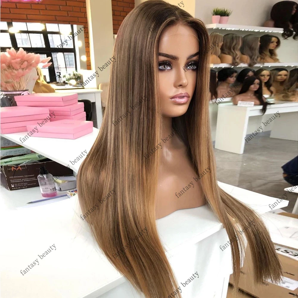 Full Lace Front Perucas de Cabelo Humano, destaque Silky Straight Wig, Light Brown Loiro, HD Lace Frontal Perucas, 13x6, 360