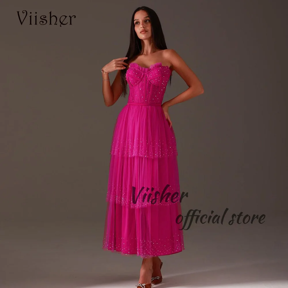 

Viisher Fuchsia Tulle Prom Dresses Sweetheart Corset A Line Evening Party Dress Ankle Length Fairy Prom Party Gowns Lace Up Back