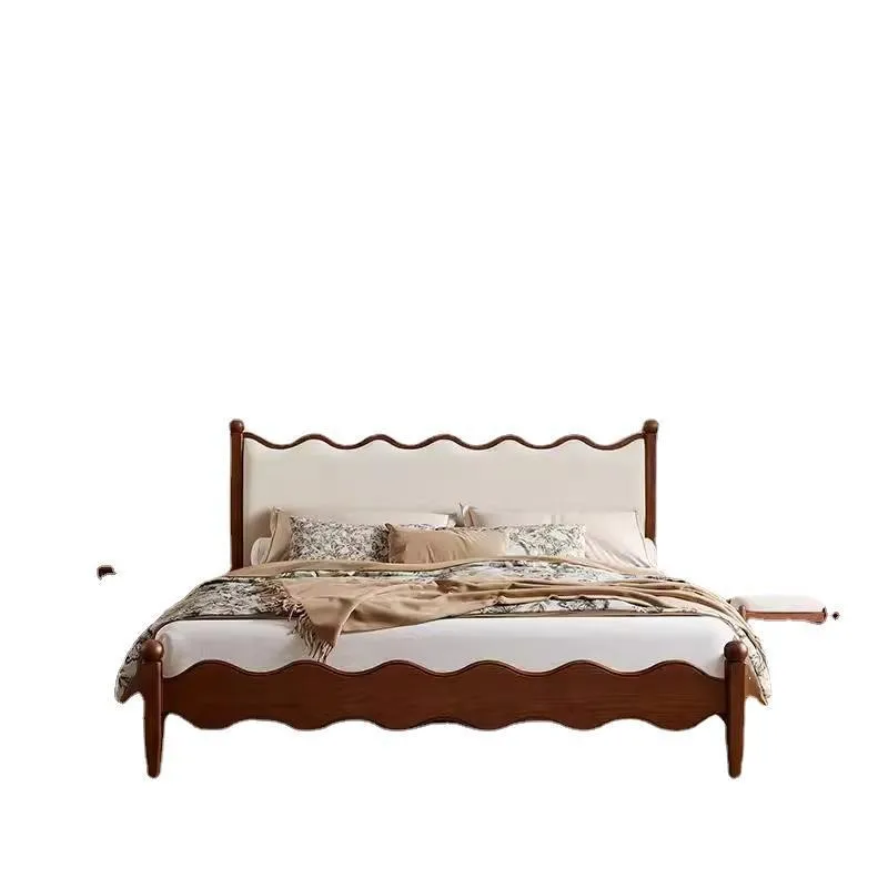 

French retro bed medium and antique bed, small apartment Nordic ash wood solid wood bed