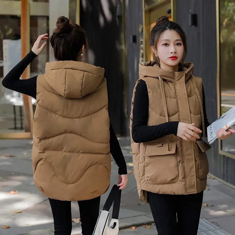 Women Long Loose Puffer Vest Quilted Hooded Fall Winter Fashion Lightweight Padded Down Cotton Vests Female Oversized Warm Gilet