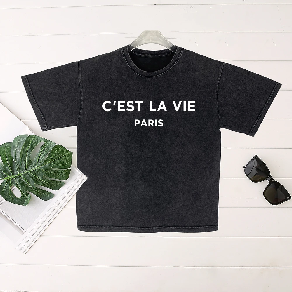 

Seeyoushy C'EST LA VIE PARIS Women's Printed Top New Summer Wash To Do Old Short-sleeved Women's Tshirt Trend Casual Street Wear